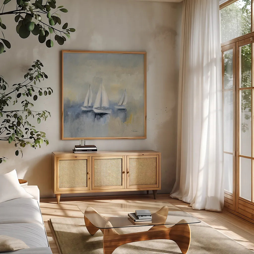 Morning Sail II by Silvia Vassileva. Shown in a natural wood frame in a cozy modern living room. Available as an archival giclee rolled canvas, fine art paper, or poster print. SKU 33964a.
