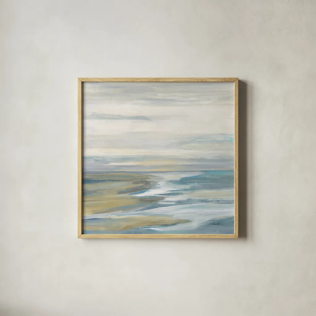 Morning Sea Light by Silvia Vassileva. Shown in a natural wood glass frame for a timeless modern aesthetic. Available as an archival giclee rolled canvas, fine art paper, or poster print. SKU 68339a.