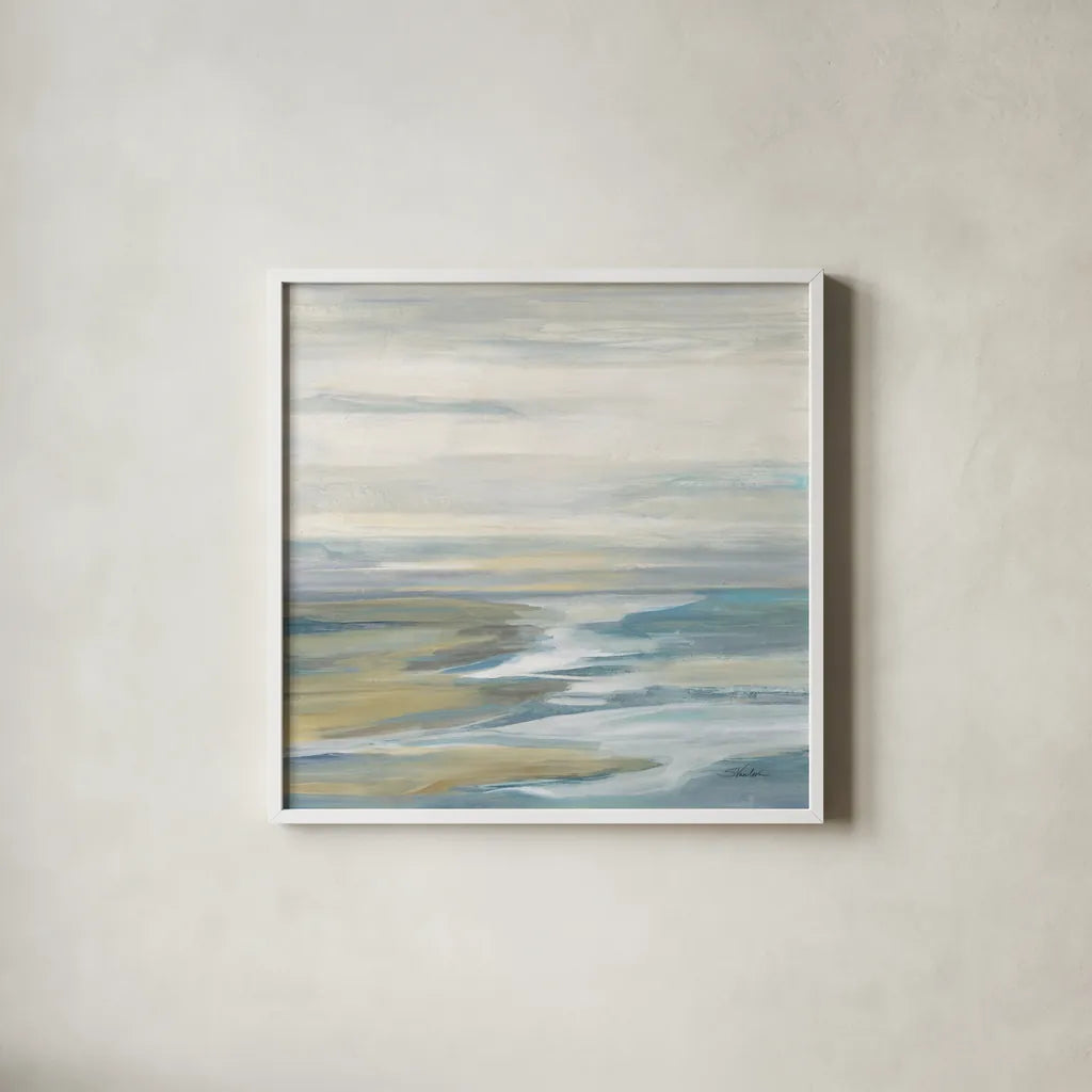 Morning Sea Light by Silvia Vassileva. Shown in a crisp white glass frame for a clean and minimalist style. Available as an archival giclee rolled canvas, fine art paper, or poster print. SKU 68339a.