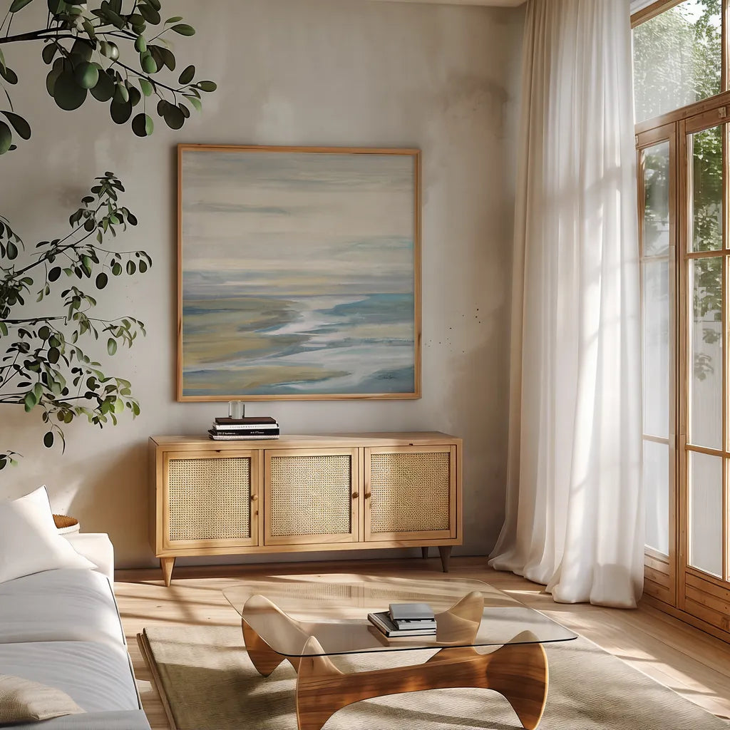 Morning Sea Light by Silvia Vassileva. Shown in a natural wood frame in a cozy modern living room. Available as an archival giclee rolled canvas, fine art paper, or poster print. SKU 68339a.