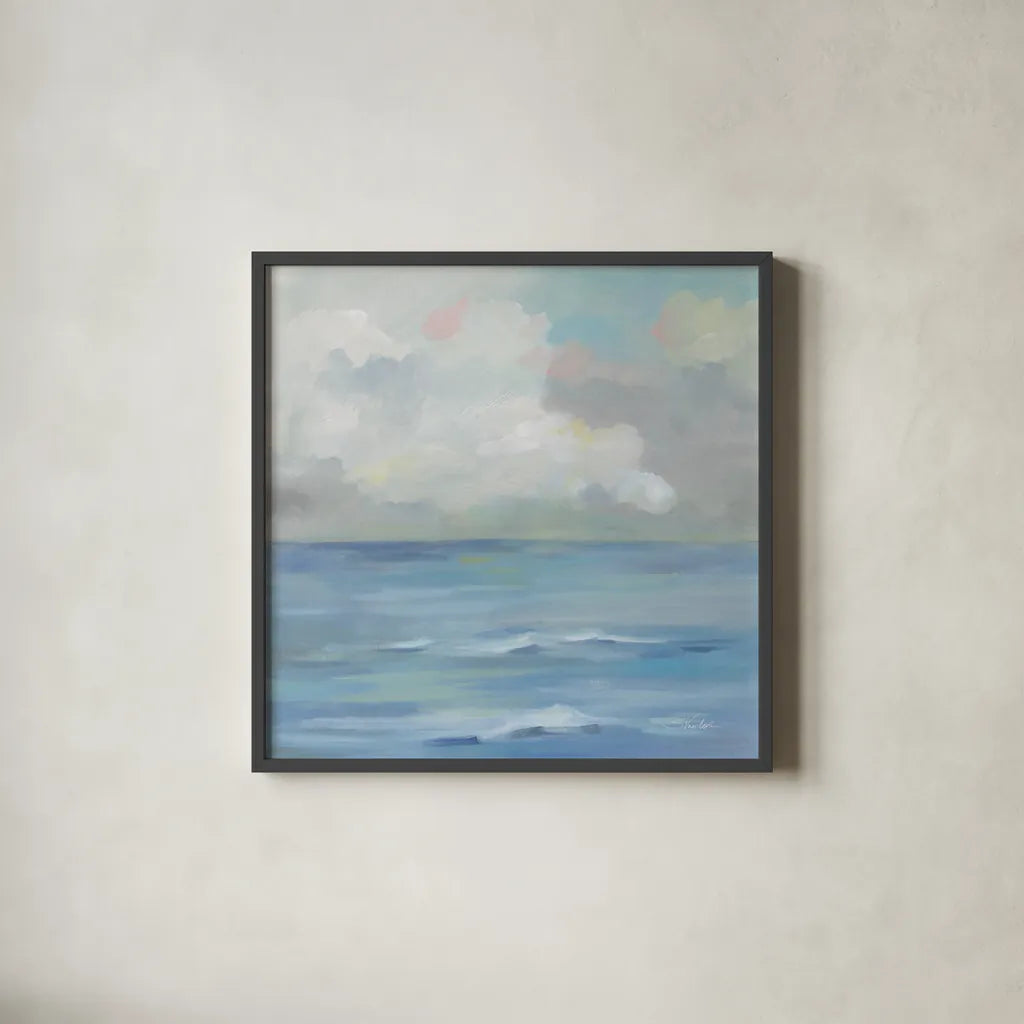 Morning Seaside Clouds by Silvia Vassileva. Shown in a sleek black glass frame for a contemporary gallery look. Available as an archival giclee rolled canvas, fine art paper, or poster print. SKU 71289a.