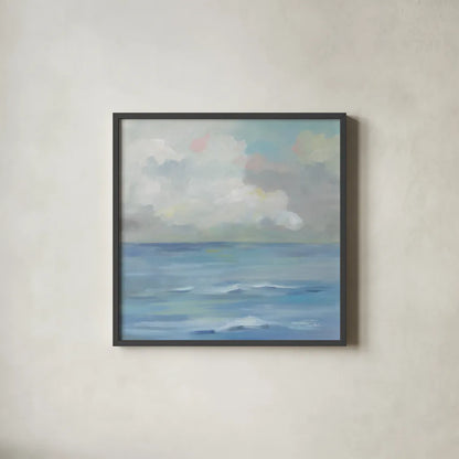 Morning Seaside Clouds by Silvia Vassileva. Shown in a sleek black glass frame for a contemporary gallery look. Available as an archival giclee rolled canvas, fine art paper, or poster print. SKU 71289a.