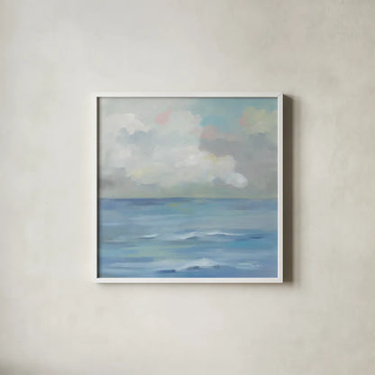 Morning Seaside Clouds by Silvia Vassileva. Shown in a crisp white glass frame for a clean and minimalist style. Available as an archival giclee rolled canvas, fine art paper, or poster print. SKU 71289a.