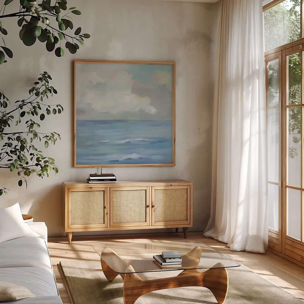 Morning Seaside Clouds by Silvia Vassileva. Shown in a natural wood frame in a cozy modern living room. Available as an archival giclee rolled canvas, fine art paper, or poster print. SKU 71289a.