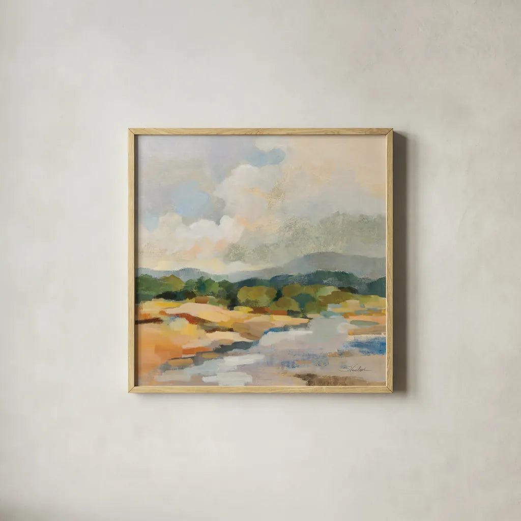 Mountain Creek by Silvia Vassileva. Shown in a natural wood glass frame for a timeless modern aesthetic. Available as an archival giclee rolled canvas, fine art paper, or poster print. SKU 84999a.