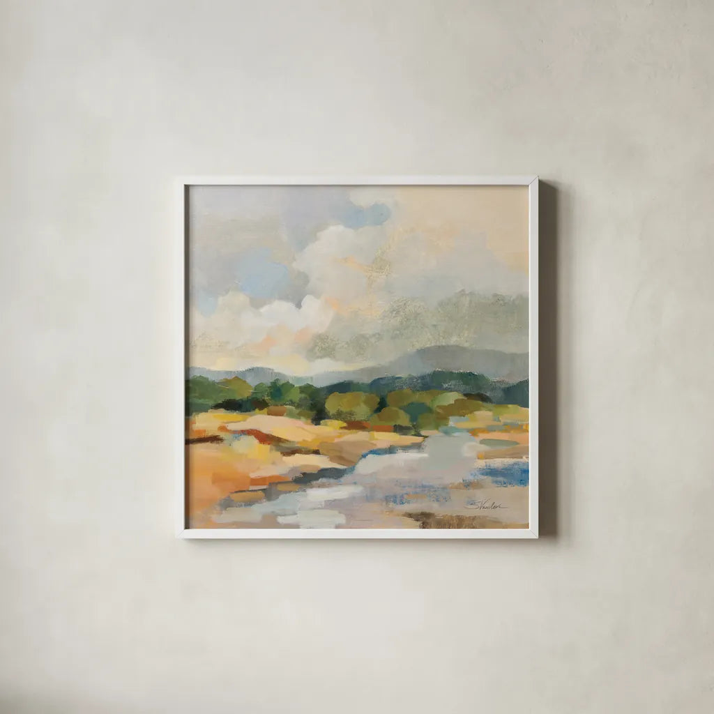 Mountain Creek by Silvia Vassileva. Shown in a crisp white glass frame for a clean and minimalist style. Available as an archival giclee rolled canvas, fine art paper, or poster print. SKU 84999a.