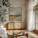 Mountain Creek by Silvia Vassileva. Shown in a natural wood frame in a cozy modern living room. Available as an archival giclee rolled canvas, fine art paper, or poster print. SKU 84999a.