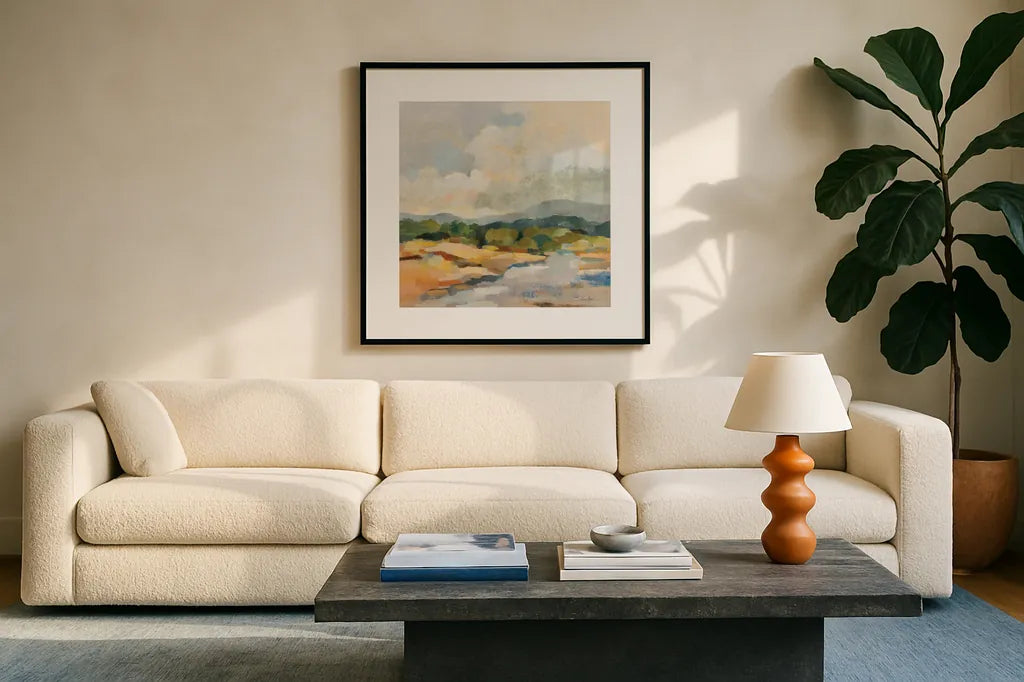 Mountain Creek by Silvia Vassileva. Displayed in a glass frame with matte in a clean modern living room. Available as an archival giclee rolled canvas, fine art paper, or poster print. SKU 84999a.