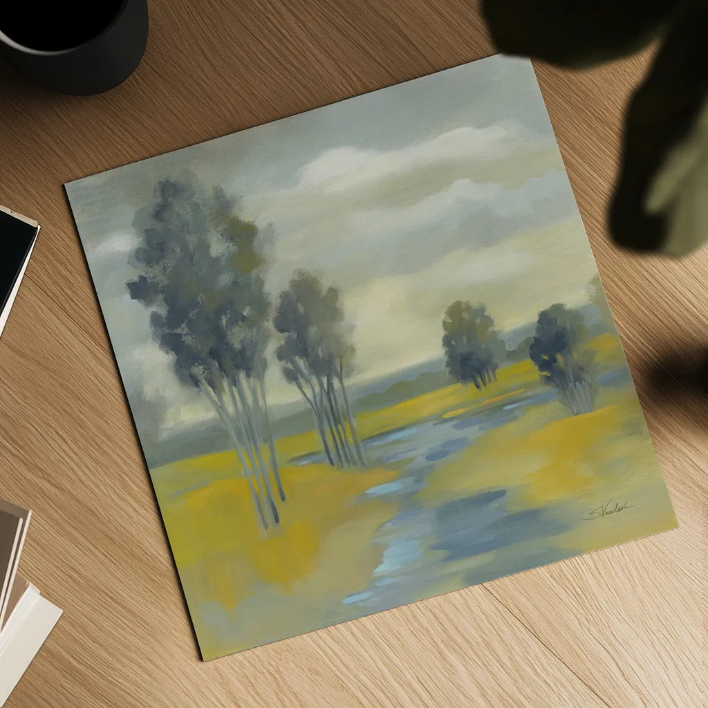 Mustard Yellow Fields by Silvia Vassileva. Shown as a detailed flat fine art print, highlighting archival giclee quality. Available as an archival giclee rolled canvas, fine art paper, or poster print. SKU 74913a.