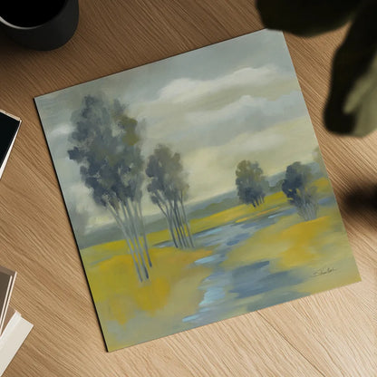 Mustard Yellow Fields by Silvia Vassileva. Shown as a detailed flat fine art print, highlighting archival giclee quality. Available as an archival giclee rolled canvas, fine art paper, or poster print. SKU 74913a.