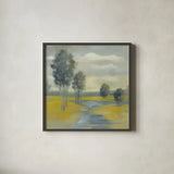 Mustard Yellow Fields by Silvia Vassileva. Shown in a sleek black glass frame for a contemporary gallery look. Available as an archival giclee rolled canvas, fine art paper, or poster print. SKU 74913a.