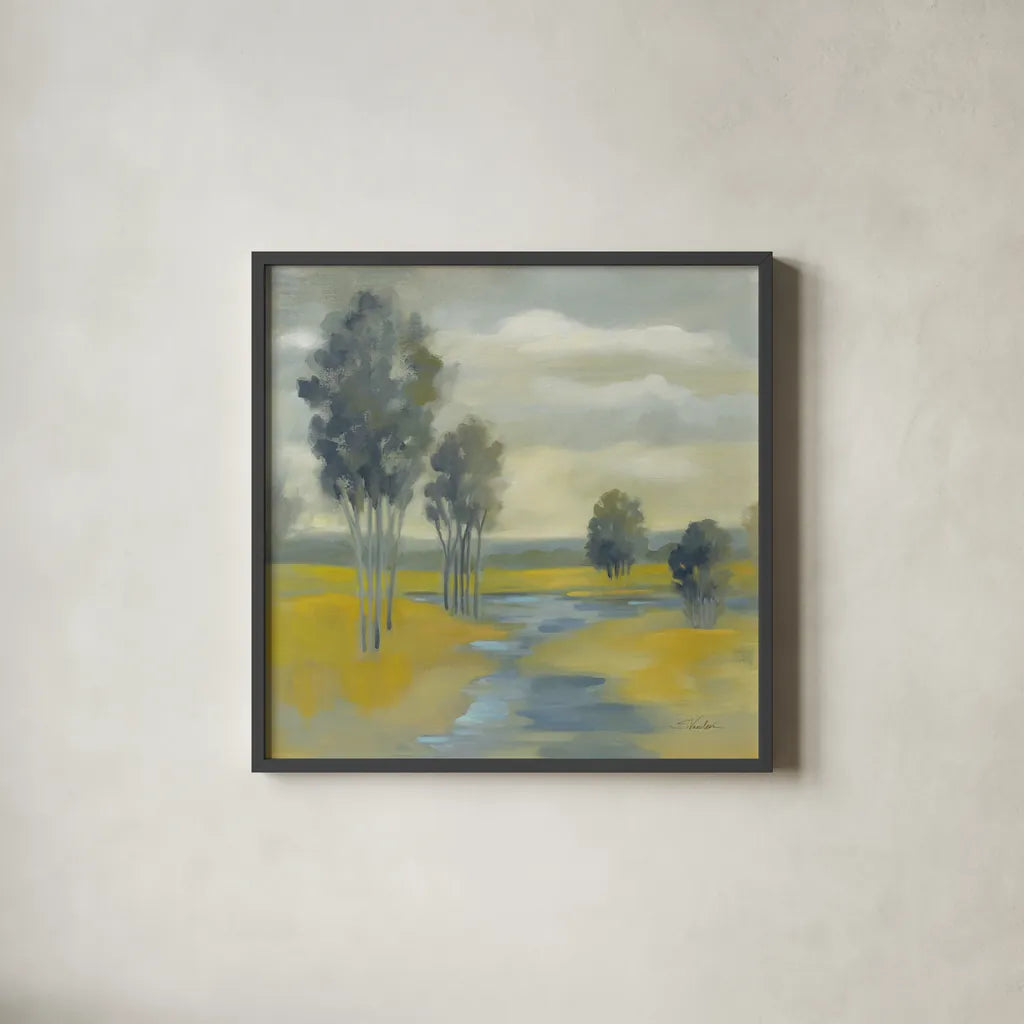 Mustard Yellow Fields by Silvia Vassileva. Shown in a sleek black glass frame for a contemporary gallery look. Available as an archival giclee rolled canvas, fine art paper, or poster print. SKU 74913a.