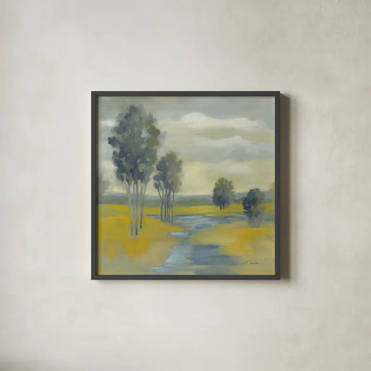 Mustard Yellow Fields by Silvia Vassileva. Shown in a sleek black glass frame for a contemporary gallery look. Available as an archival giclee rolled canvas, fine art paper, or poster print. SKU 74913a.
