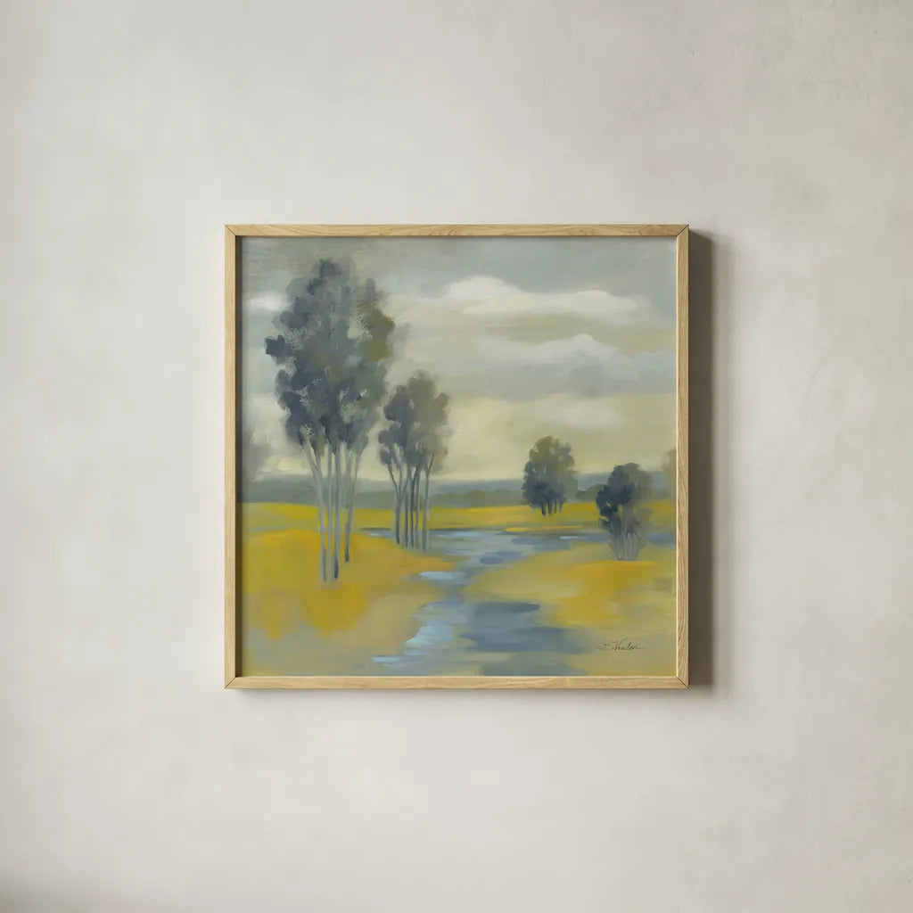 Mustard Yellow Fields by Silvia Vassileva. Shown in a natural wood glass frame for a timeless modern aesthetic. Available as an archival giclee rolled canvas, fine art paper, or poster print. SKU 74913a.