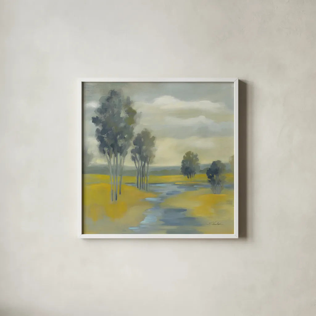 Mustard Yellow Fields by Silvia Vassileva. Shown in a crisp white glass frame for a clean and minimalist style. Available as an archival giclee rolled canvas, fine art paper, or poster print. SKU 74913a.