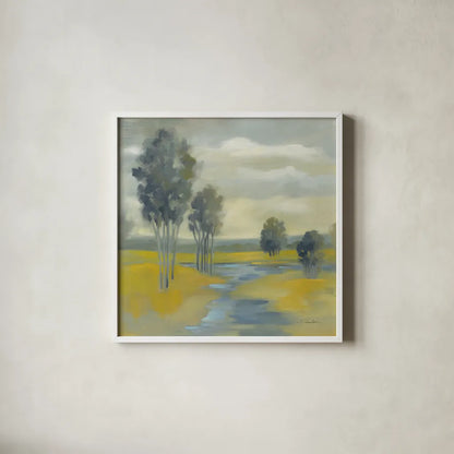 Mustard Yellow Fields by Silvia Vassileva. Shown in a crisp white glass frame for a clean and minimalist style. Available as an archival giclee rolled canvas, fine art paper, or poster print. SKU 74913a.