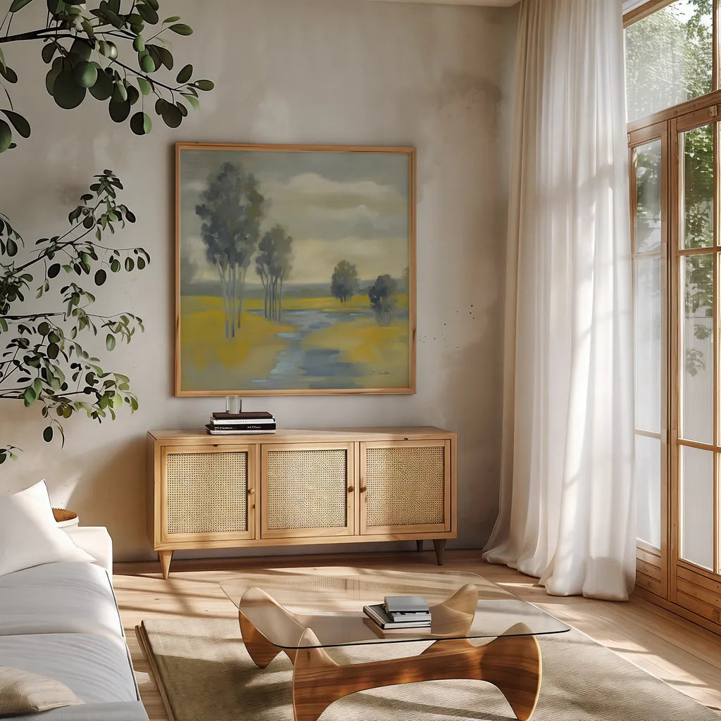 Mustard Yellow Fields by Silvia Vassileva. Shown in a natural wood frame in a cozy modern living room. Available as an archival giclee rolled canvas, fine art paper, or poster print. SKU 74913a.