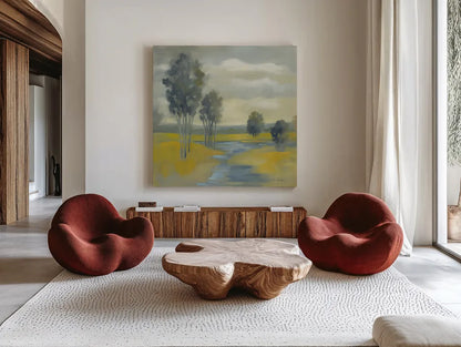 Mustard Yellow Fields by Silvia Vassileva. Shown as extra-large giant wall art in a modern living room. Available as an archival giclee rolled canvas, fine art paper, or poster print. SKU 74913a.