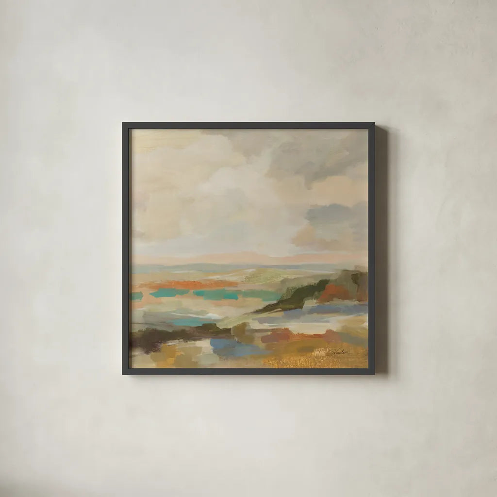 Muted Harmony by Silvia Vassileva. Shown in a sleek black glass frame for a contemporary gallery look. Available as an archival giclee rolled canvas, fine art paper, or poster print. SKU 97924a.