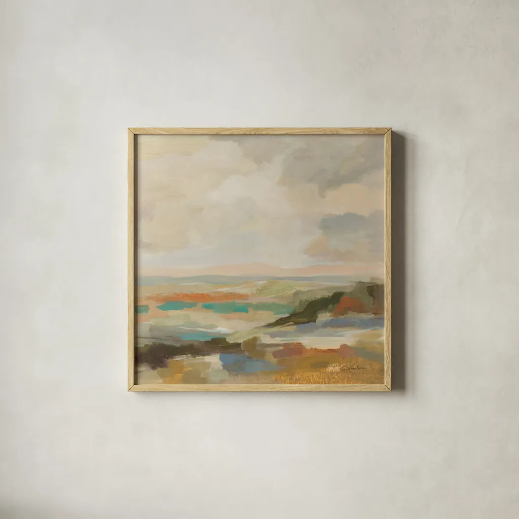 Muted Harmony by Silvia Vassileva. Shown in a natural wood glass frame for a timeless modern aesthetic. Available as an archival giclee rolled canvas, fine art paper, or poster print. SKU 97924a.
