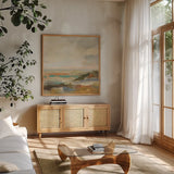 Muted Harmony by Silvia Vassileva. Shown in a natural wood frame in a cozy modern living room. Available as an archival giclee rolled canvas, fine art paper, or poster print. SKU 97924a.