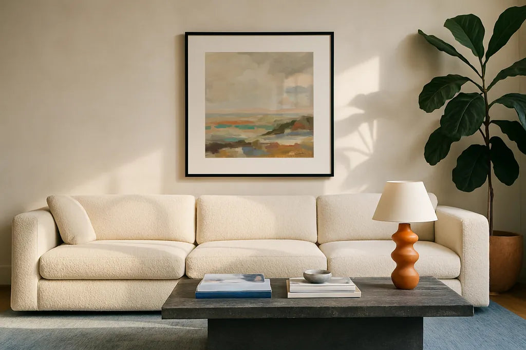 Muted Harmony by Silvia Vassileva. Displayed in a glass frame with matte in a clean modern living room. Available as an archival giclee rolled canvas, fine art paper, or poster print. SKU 97924a.