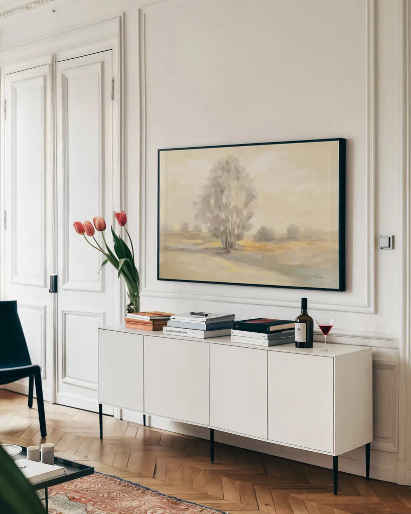 Muted Light by Silvia Vassileva. shown as a framed stretched canvas in a living room above a console. Available as a archival giclee rolled canvas, fine art paper, or poster print. SKU 77100i.