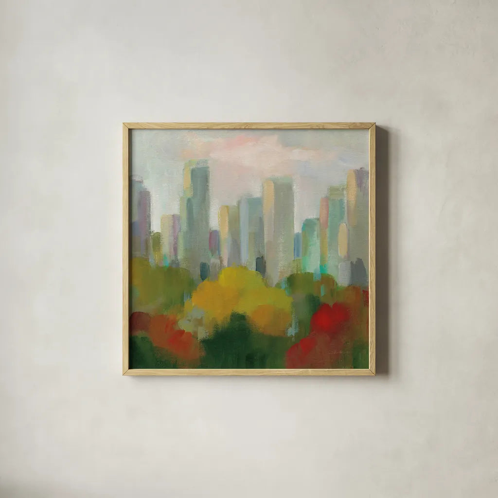 NYC Central Park I by Silvia Vassileva. Shown in a natural wood glass frame for a timeless modern aesthetic. Available as an archival giclee rolled canvas, fine art paper, or poster print. SKU 35828a.