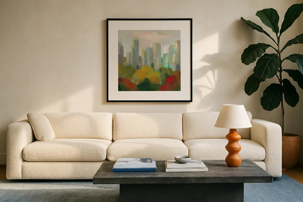 NYC Central Park I by Silvia Vassileva. Displayed in a glass frame with matte in a clean modern living room. Available as an archival giclee rolled canvas, fine art paper, or poster print. SKU 35828a.