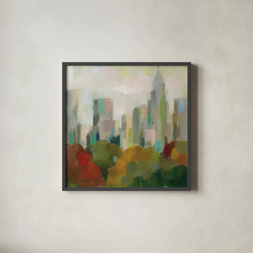 NYC Central Park II by Silvia Vassileva. Shown in a sleek black glass frame for a contemporary gallery look. Available as an archival giclee rolled canvas, fine art paper, or poster print. SKU 35829a.