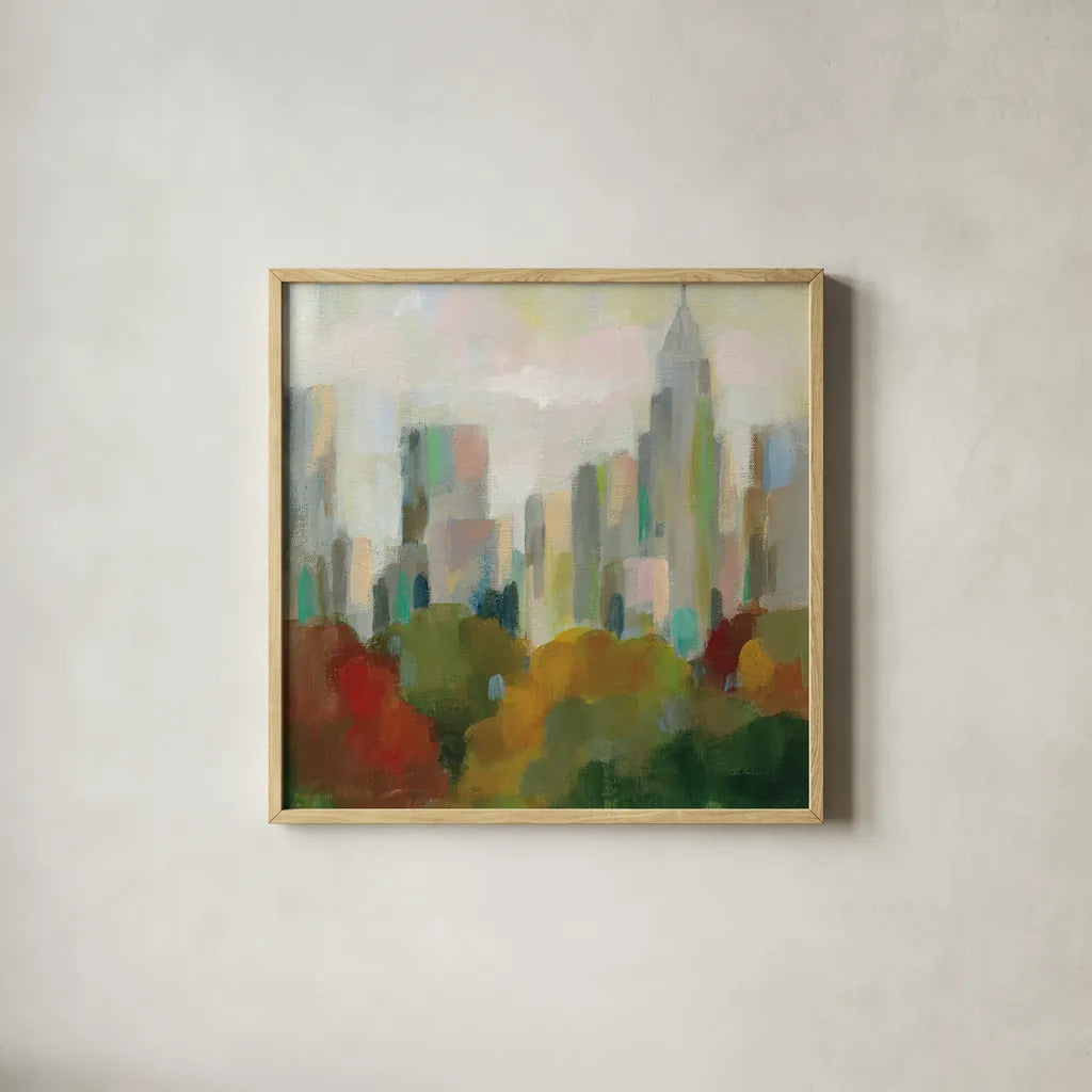 NYC Central Park II by Silvia Vassileva. Shown in a natural wood glass frame for a timeless modern aesthetic. Available as an archival giclee rolled canvas, fine art paper, or poster print. SKU 35829a.