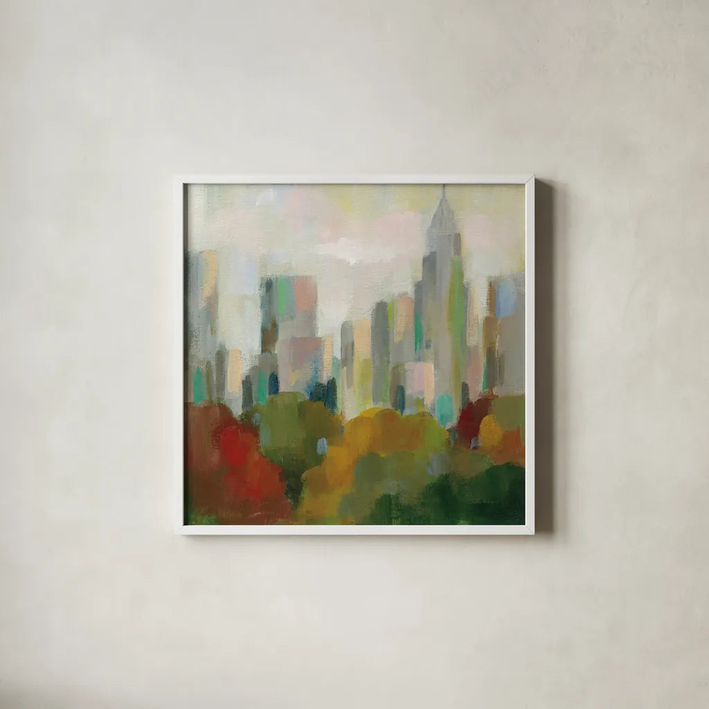NYC Central Park II by Silvia Vassileva. Shown in a crisp white glass frame for a clean and minimalist style. Available as an archival giclee rolled canvas, fine art paper, or poster print. SKU 35829a.