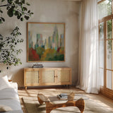 NYC Central Park II by Silvia Vassileva. Shown in a natural wood frame in a cozy modern living room. Available as an archival giclee rolled canvas, fine art paper, or poster print. SKU 35829a.