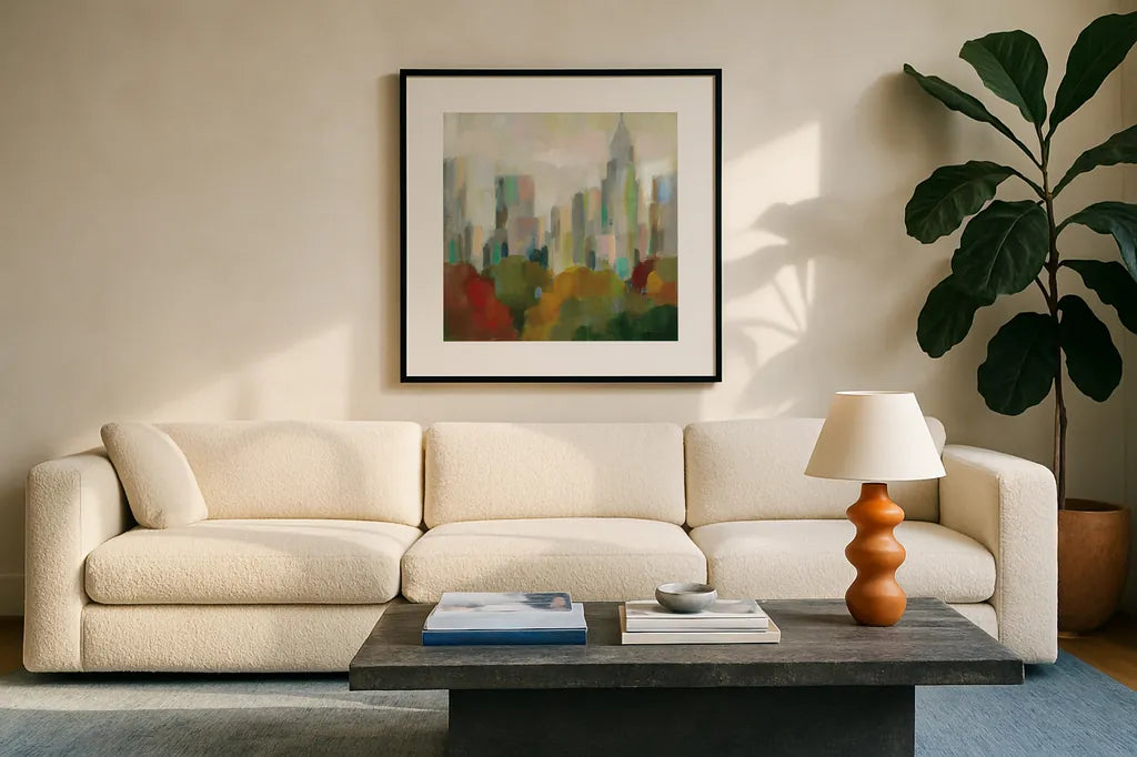 NYC Central Park II by Silvia Vassileva. Displayed in a glass frame with matte in a clean modern living room. Available as an archival giclee rolled canvas, fine art paper, or poster print. SKU 35829a.