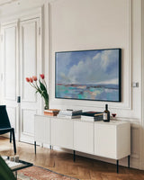 Nantucket Light by Silvia Vassileva. shown as a framed stretched canvas in a living room above a console. Available as a archival giclee rolled canvas, fine art paper, or poster print. SKU 95129i.