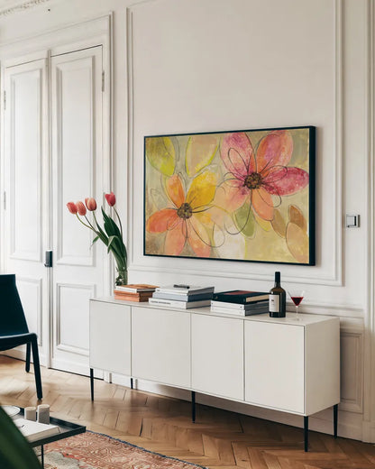 Neon Floral by Silvia Vassileva. shown as a framed stretched canvas in a living room above a console. Available as a archival giclee rolled canvas, fine art paper, or poster print. SKU 28115i.