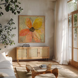Neon Floral II by Silvia Vassileva. Shown in a natural wood frame in a cozy modern living room. Available as an archival giclee rolled canvas, fine art paper, or poster print. SKU 28855a.