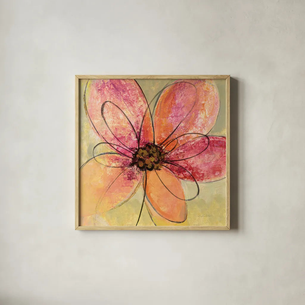 Neon Floral III by Silvia Vassileva. Shown in a natural wood glass frame for a timeless modern aesthetic. Available as an archival giclee rolled canvas, fine art paper, or poster print. SKU 28856a.