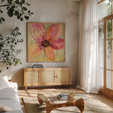 Neon Floral III by Silvia Vassileva. Shown in a natural wood frame in a cozy modern living room. Available as an archival giclee rolled canvas, fine art paper, or poster print. SKU 28856a.