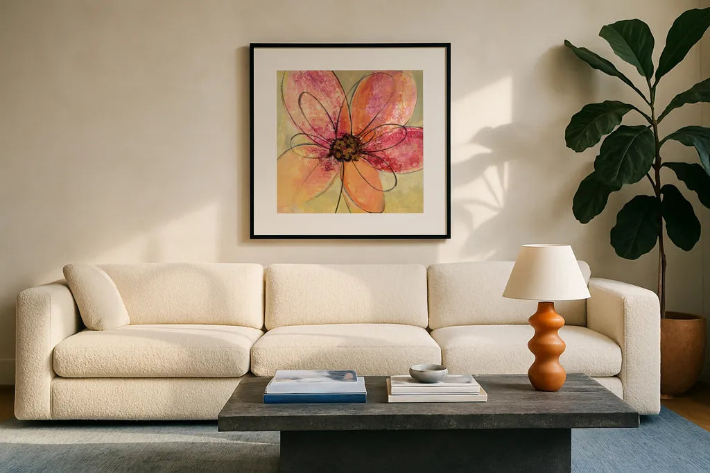 Neon Floral III by Silvia Vassileva. Displayed in a glass frame with matte in a clean modern living room. Available as an archival giclee rolled canvas, fine art paper, or poster print. SKU 28856a.