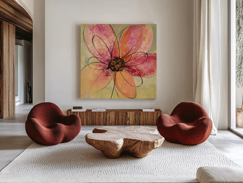 Neon Floral III by Silvia Vassileva. Shown as extra-large giant wall art in a modern living room. Available as an archival giclee rolled canvas, fine art paper, or poster print. SKU 28856a.
