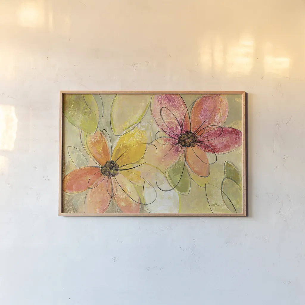 Neon Floral v2 by Silvia Vassileva. shown as a paper print in a natural frame. Available as a archival giclee rolled canvas, fine art paper, or poster print. SKU 28890i.
