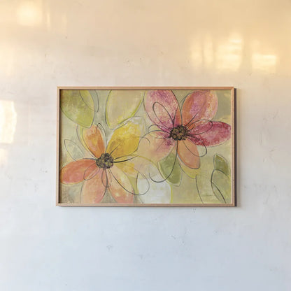 Neon Floral v2 by Silvia Vassileva. shown as a paper print in a natural frame. Available as a archival giclee rolled canvas, fine art paper, or poster print. SKU 28890i.