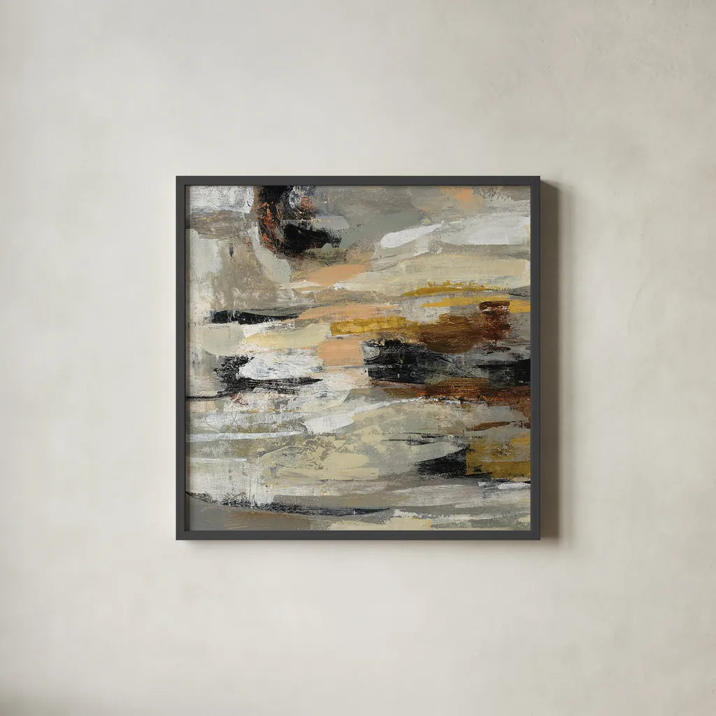 Neutral Abstract II by Silvia Vassileva. Shown in a sleek black glass frame for a contemporary gallery look. Available as an archival giclee rolled canvas, fine art paper, or poster print. SKU 28408a.