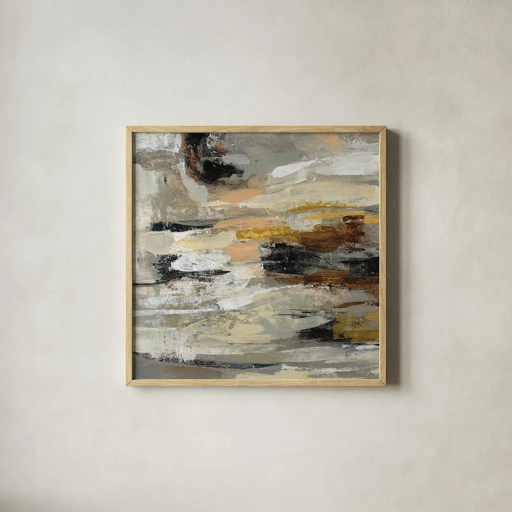 Neutral Abstract II by Silvia Vassileva. Shown in a natural wood glass frame for a timeless modern aesthetic. Available as an archival giclee rolled canvas, fine art paper, or poster print. SKU 28408a.
