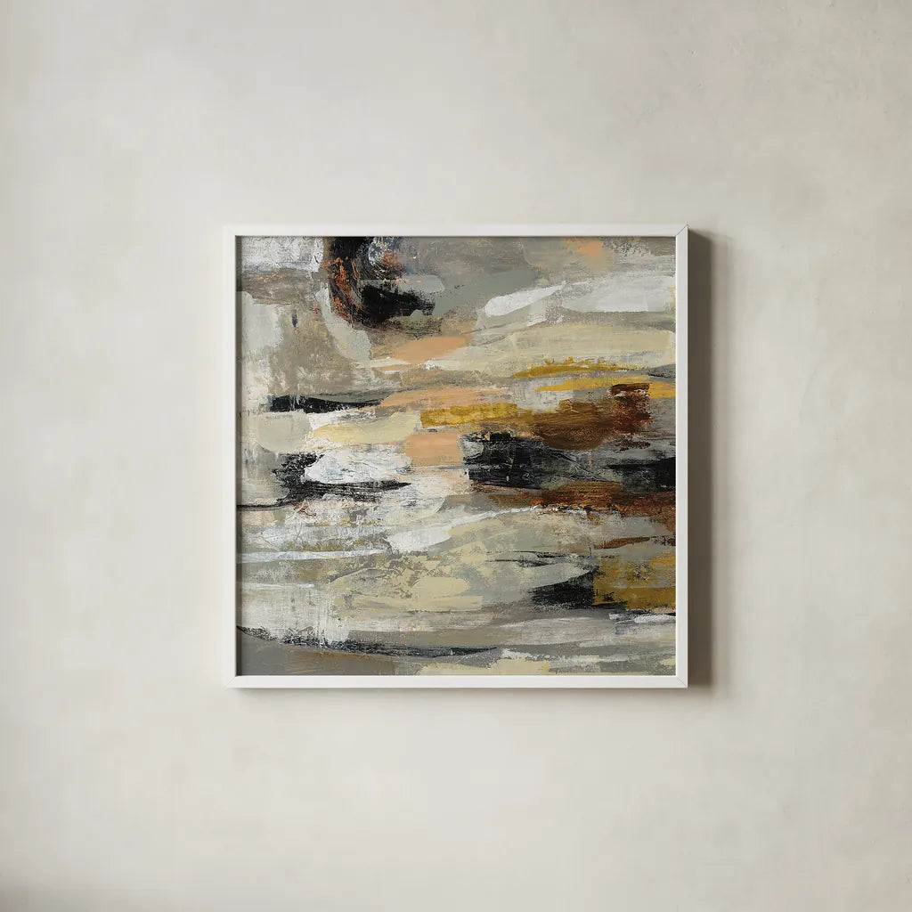 Neutral Abstract II by Silvia Vassileva. Shown in a crisp white glass frame for a clean and minimalist style. Available as an archival giclee rolled canvas, fine art paper, or poster print. SKU 28408a.