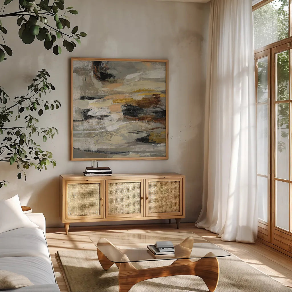 Neutral Abstract II by Silvia Vassileva. Shown in a natural wood frame in a cozy modern living room. Available as an archival giclee rolled canvas, fine art paper, or poster print. SKU 28408a.