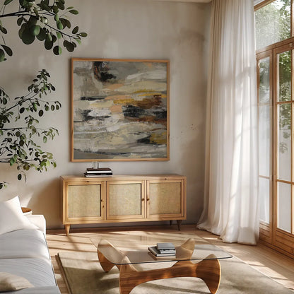 Neutral Abstract II by Silvia Vassileva. Shown in a natural wood frame in a cozy modern living room. Available as an archival giclee rolled canvas, fine art paper, or poster print. SKU 28408a.