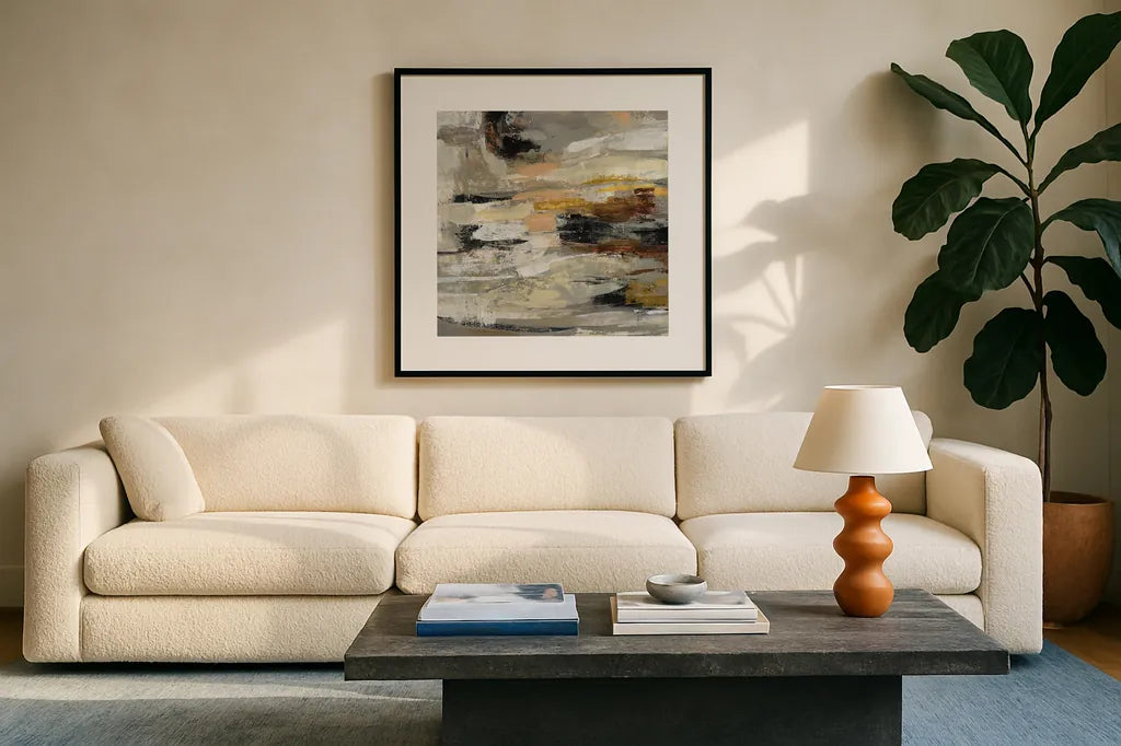 Neutral Abstract II by Silvia Vassileva. Displayed in a glass frame with matte in a clean modern living room. Available as an archival giclee rolled canvas, fine art paper, or poster print. SKU 28408a.