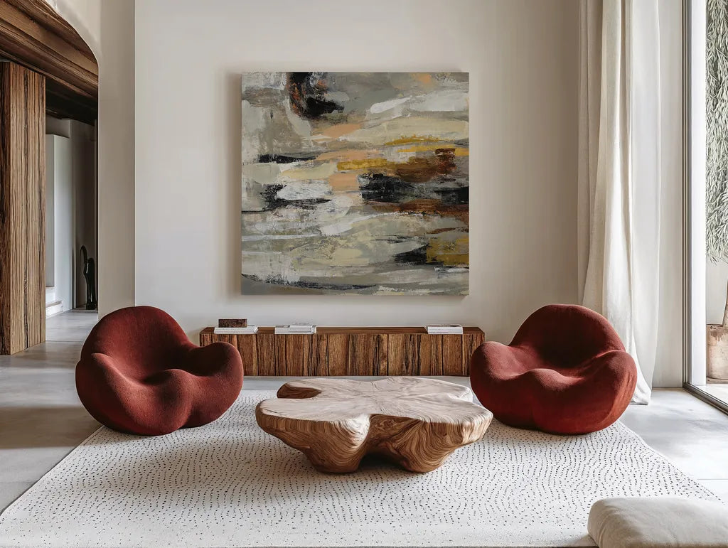 Neutral Abstract II by Silvia Vassileva. Shown as extra-large giant wall art in a modern living room. Available as an archival giclee rolled canvas, fine art paper, or poster print. SKU 28408a.
